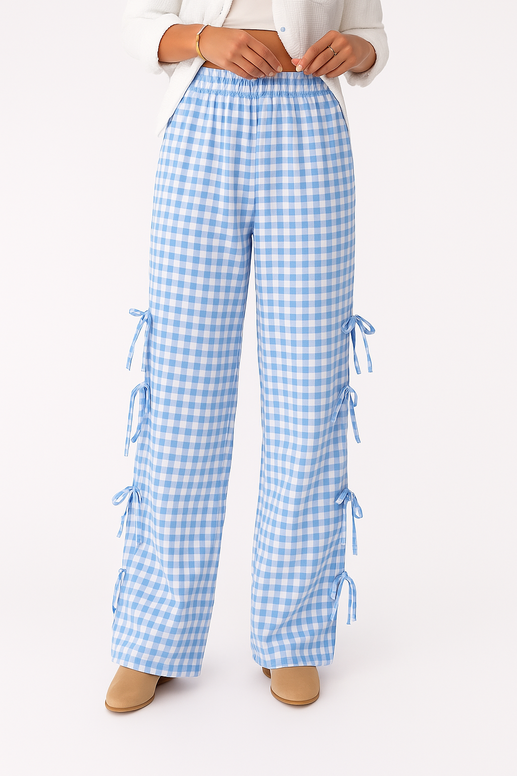 Checkered Cotton Wide-Leg High-Waist Trousers for Women | Viretta