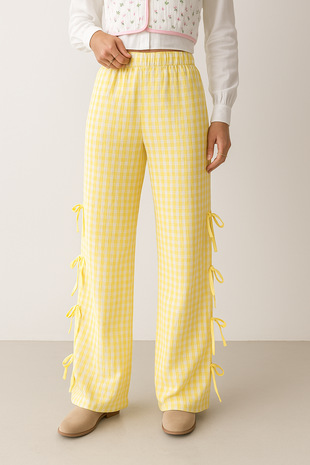 Checkered Cotton Wide-Leg High-Waist Trousers for Women | Viretta