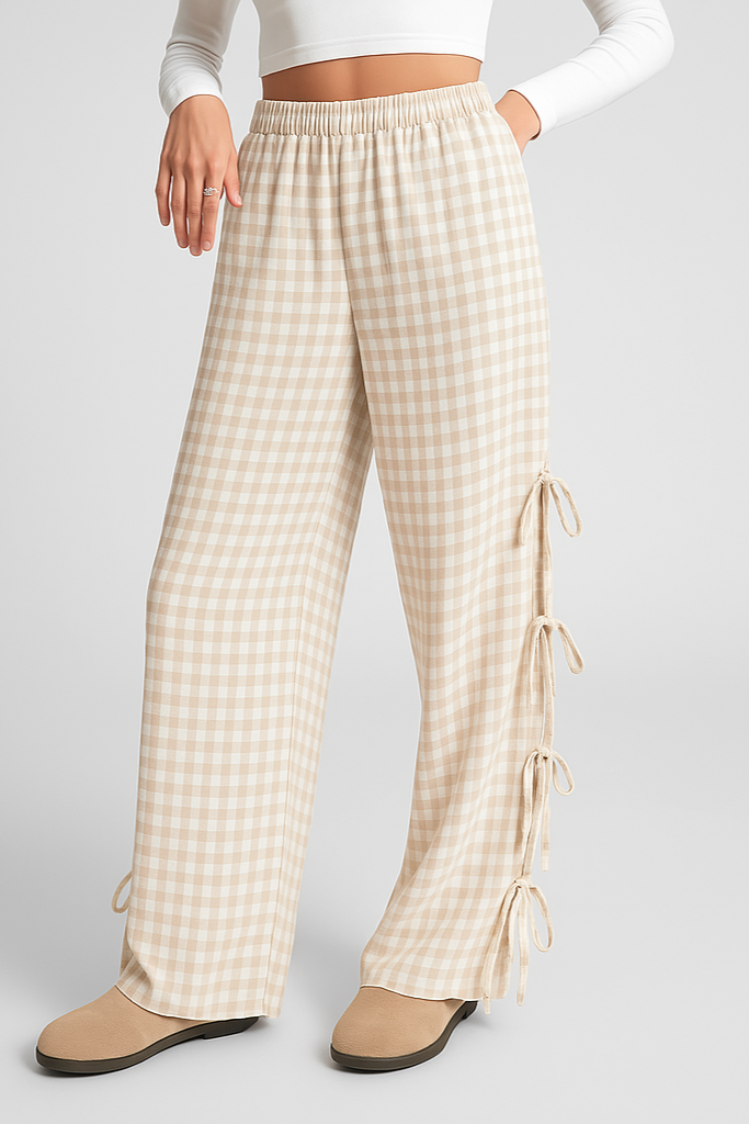 Checkered Cotton Wide-Leg High-Waist Trousers for Women | Viretta