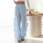 Checkered Cotton Wide-Leg High-Waist Trousers for Women | Viretta