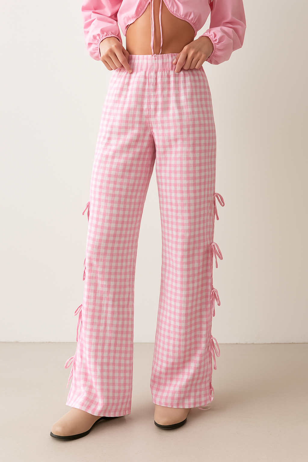 Checkered Cotton Wide-Leg High-Waist Trousers for Women | Viretta