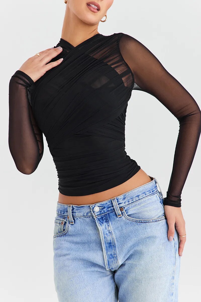 Fitted Long-Sleeve Top with Criss-Cross Front for Women | Vire