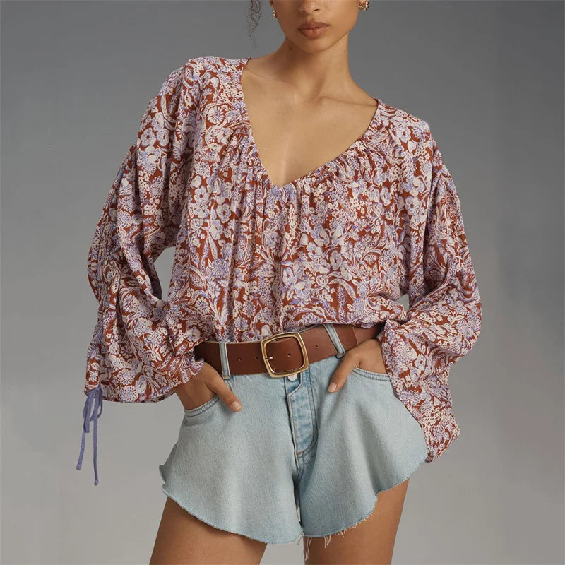 Floral Blouse with Billowy Sleeves and V-Neckline for Women | Zephyra