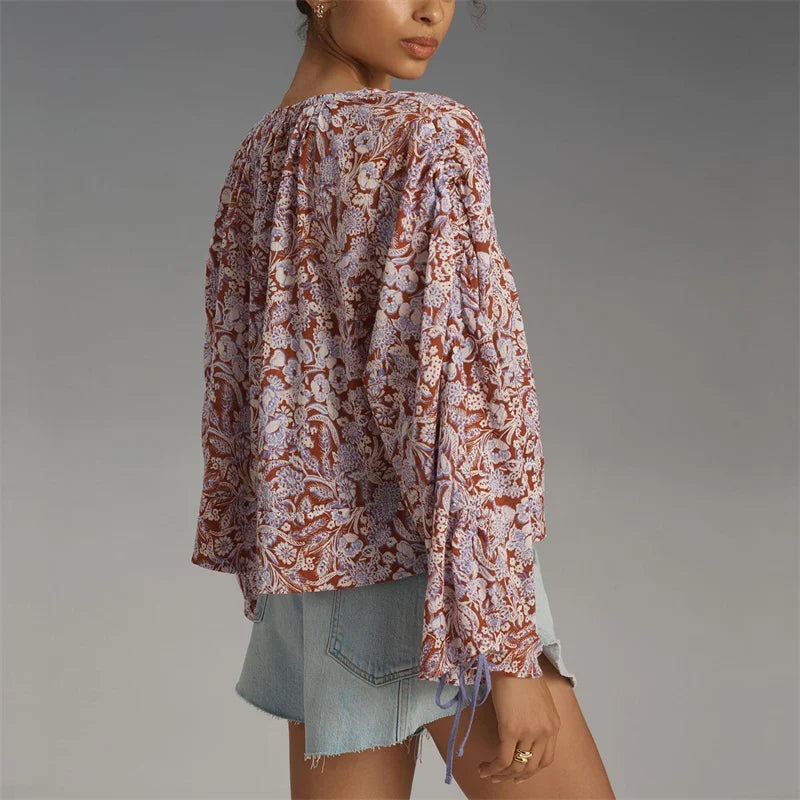 Floral Blouse with Billowy Sleeves and V-Neckline for Women | Zephyra