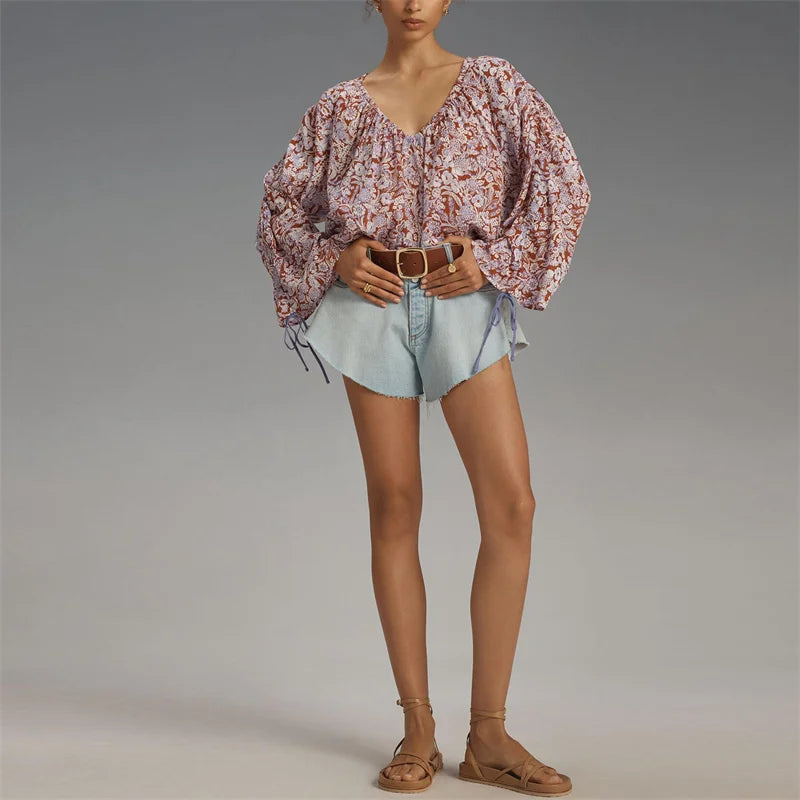 Floral Blouse with Billowy Sleeves and V-Neckline for Women | Zephyra