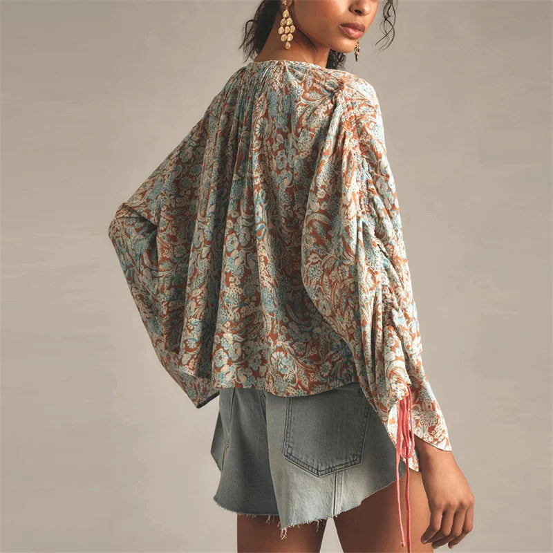 Floral Blouse with Billowy Sleeves and V-Neckline for Women | Zephyra