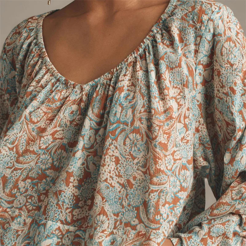 Floral Blouse with Billowy Sleeves and V-Neckline for Women | Zephyra
