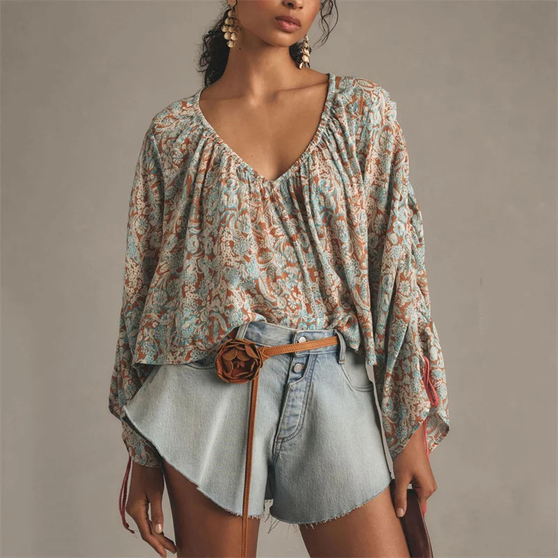 Floral Blouse with Billowy Sleeves and V-Neckline for Women | Zephyra