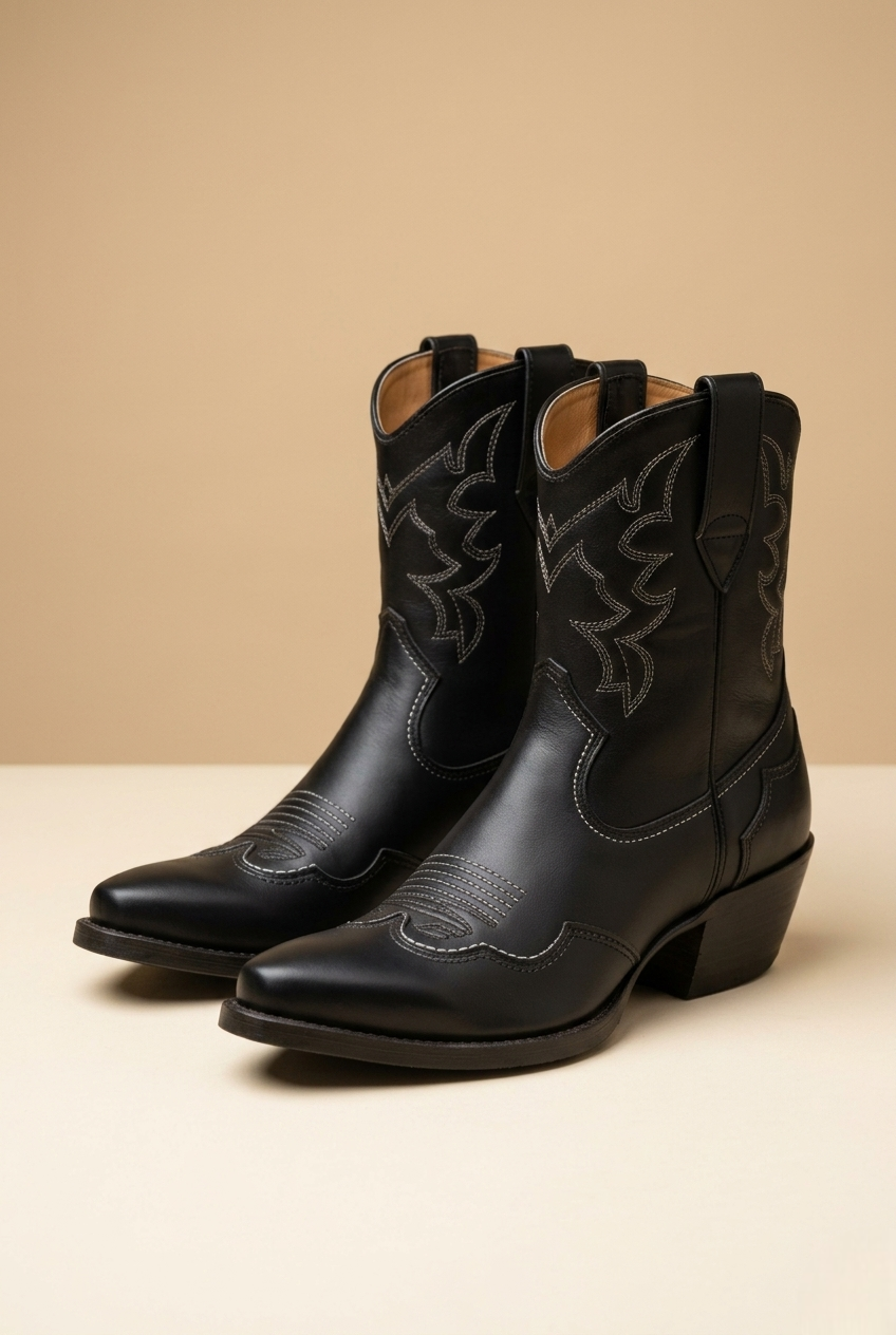 Nerion | Black Leather Western Ankle Boots