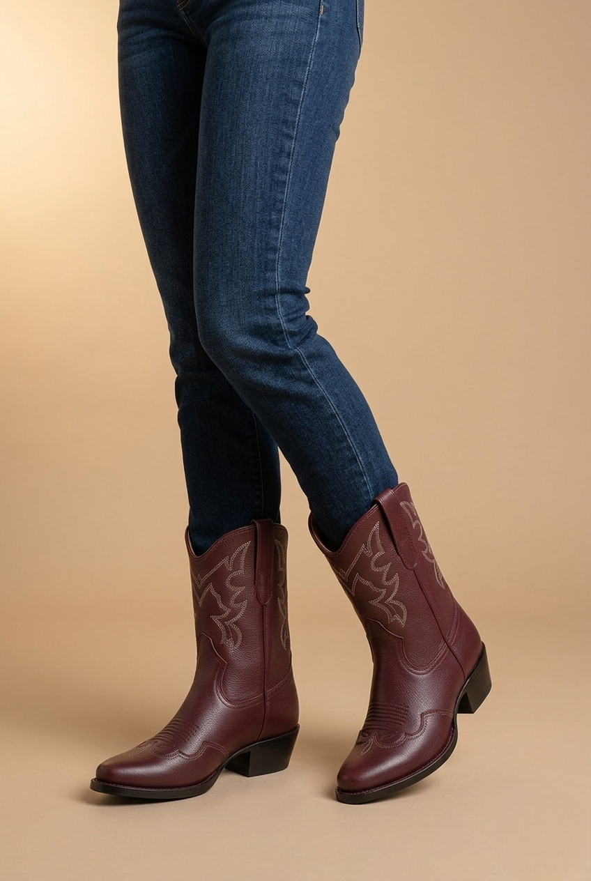 Belvar | Burgundy Leather Western Ankle Boots