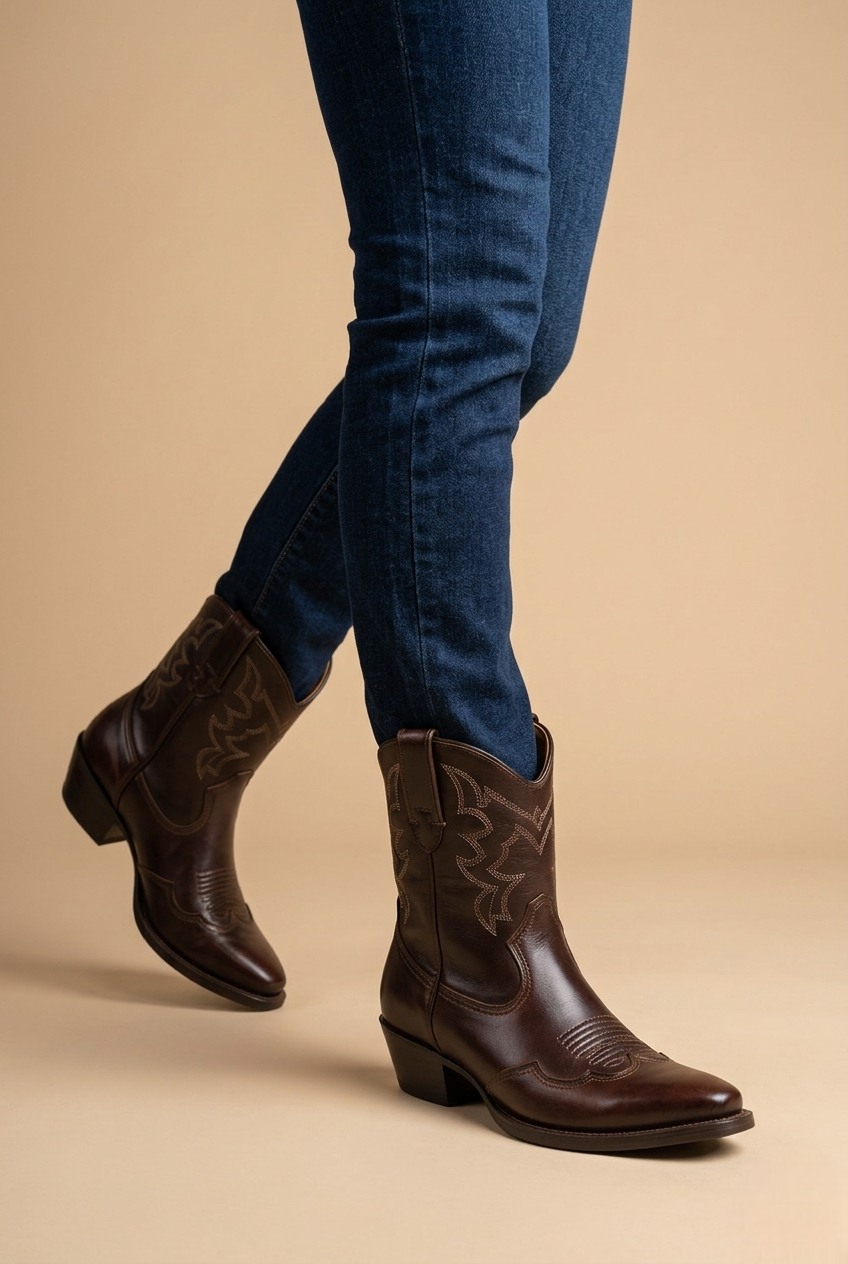 Bravon | Brown Leather Western Ankle Boots