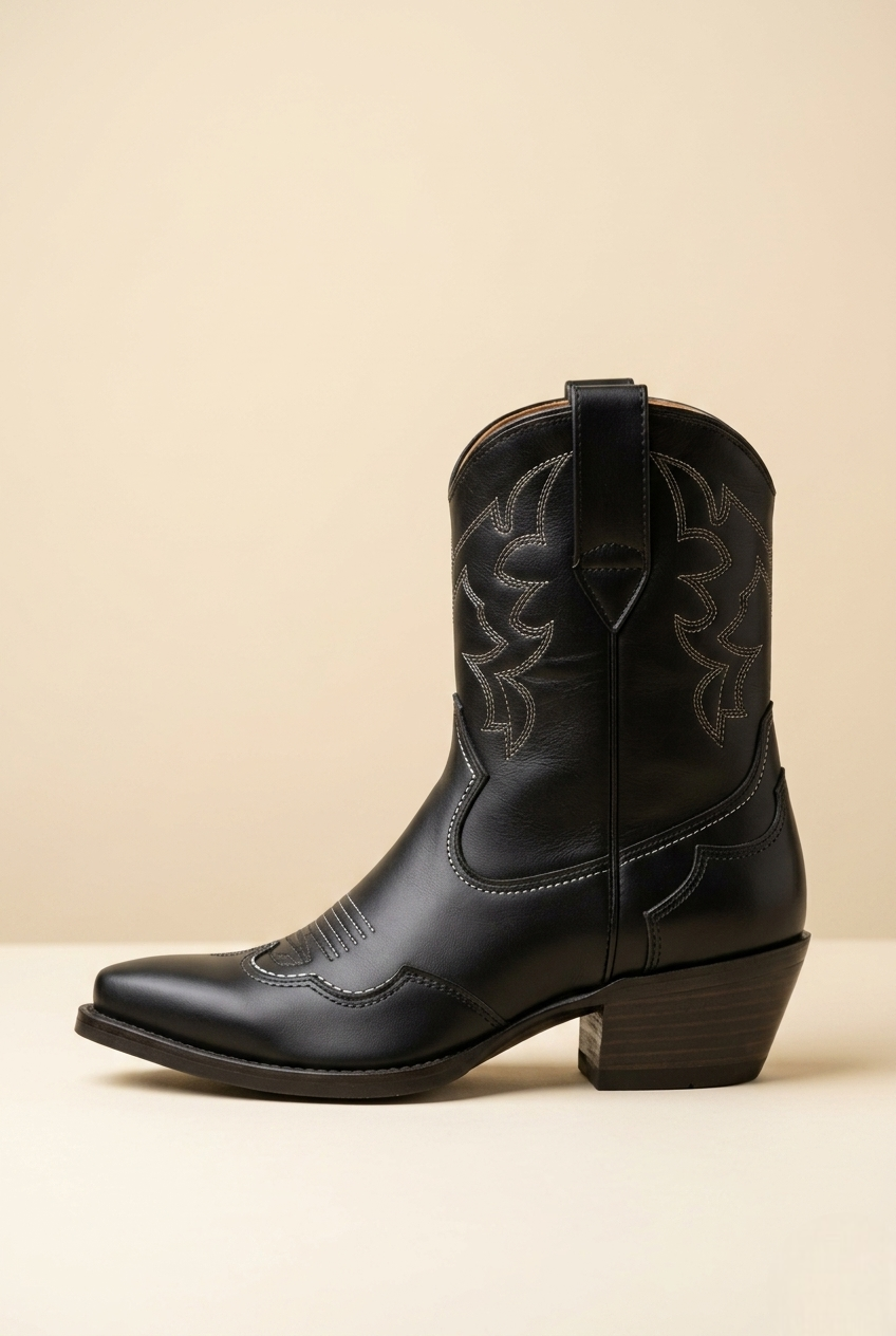 Nerion | Black Leather Western Ankle Boots