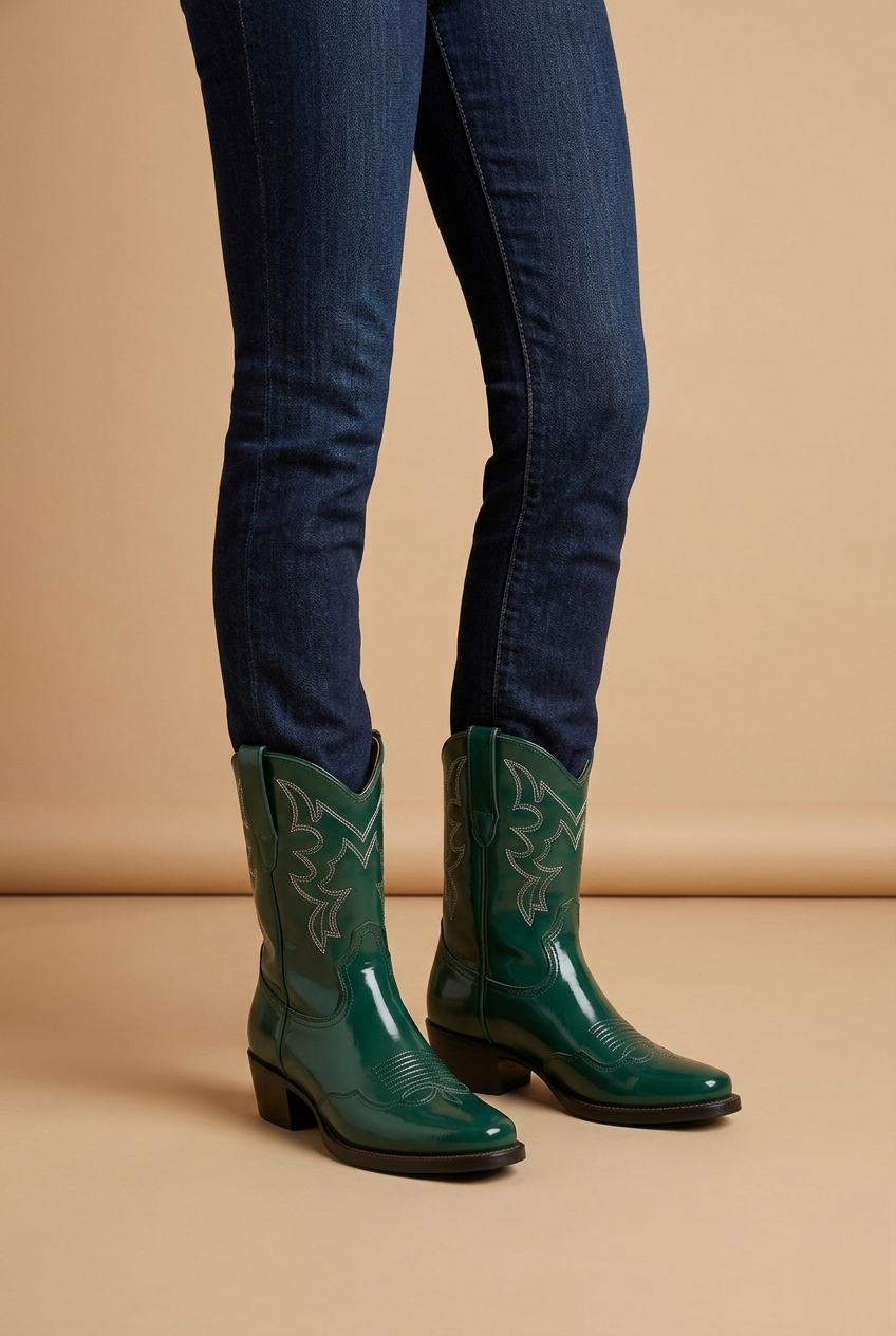 Beralin | Green Leather Western Ankle Boots