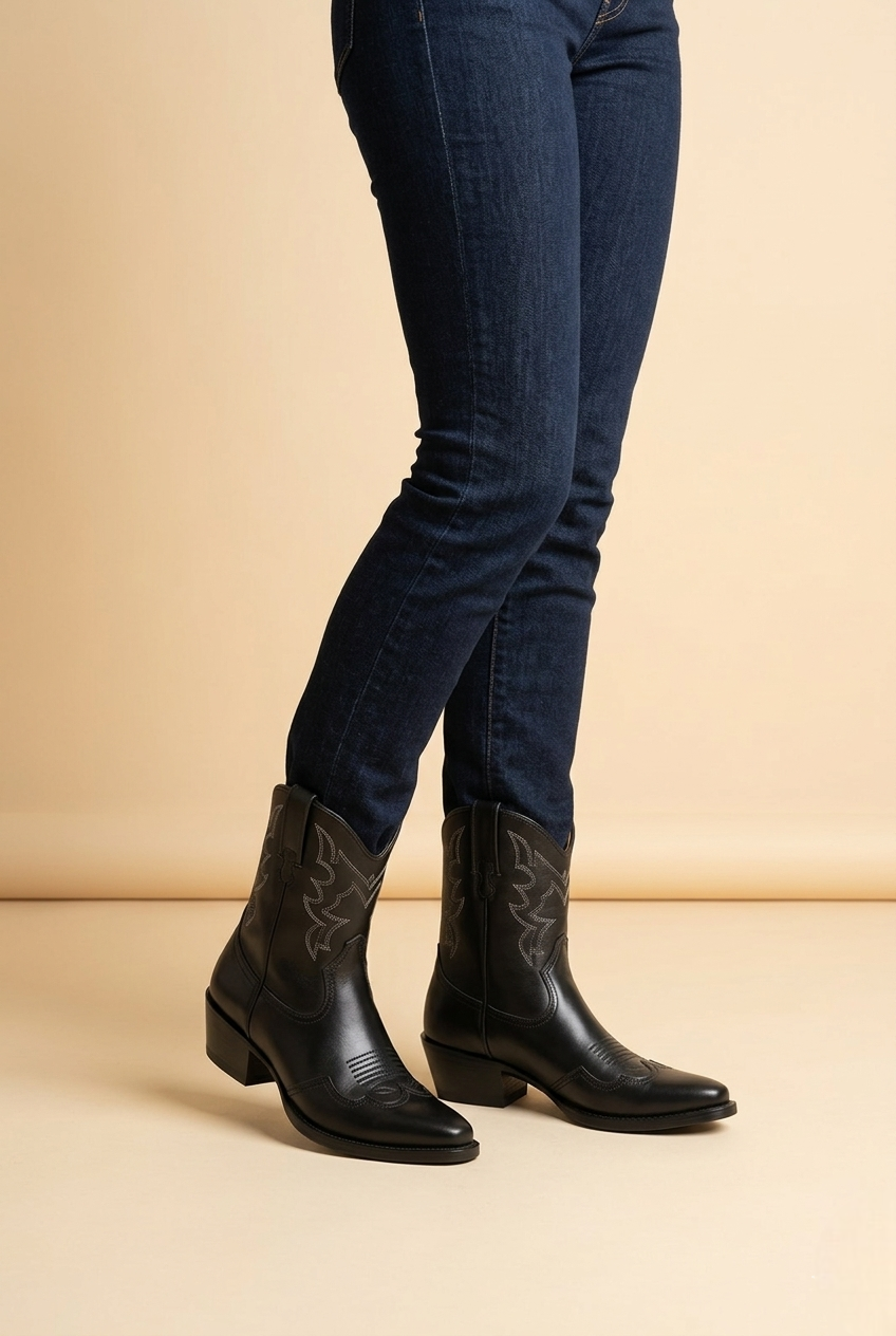 Nerion | Black Leather Western Ankle Boots