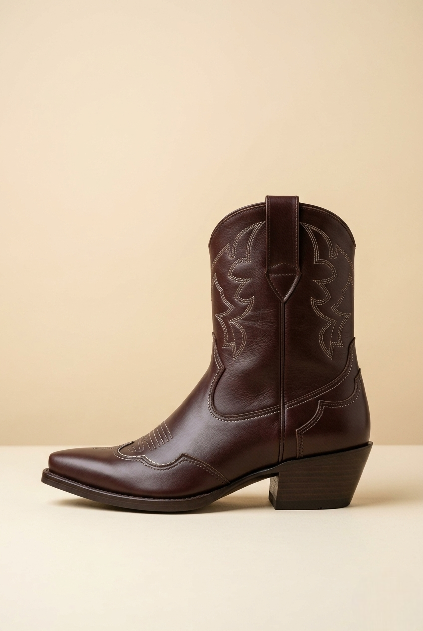 Bravon | Brown Leather Western Ankle Boots