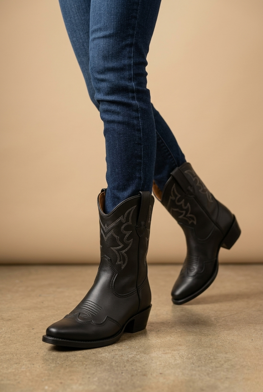 Nerion | Black Leather Western Ankle Boots