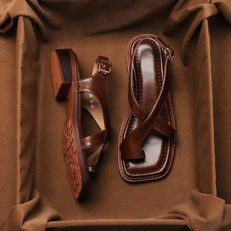 Leather Cross Open-Toe Sandals for Women | Lumive
