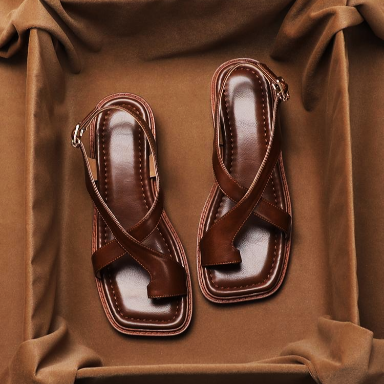 Leather Cross Open-Toe Sandals for Women | Lumive