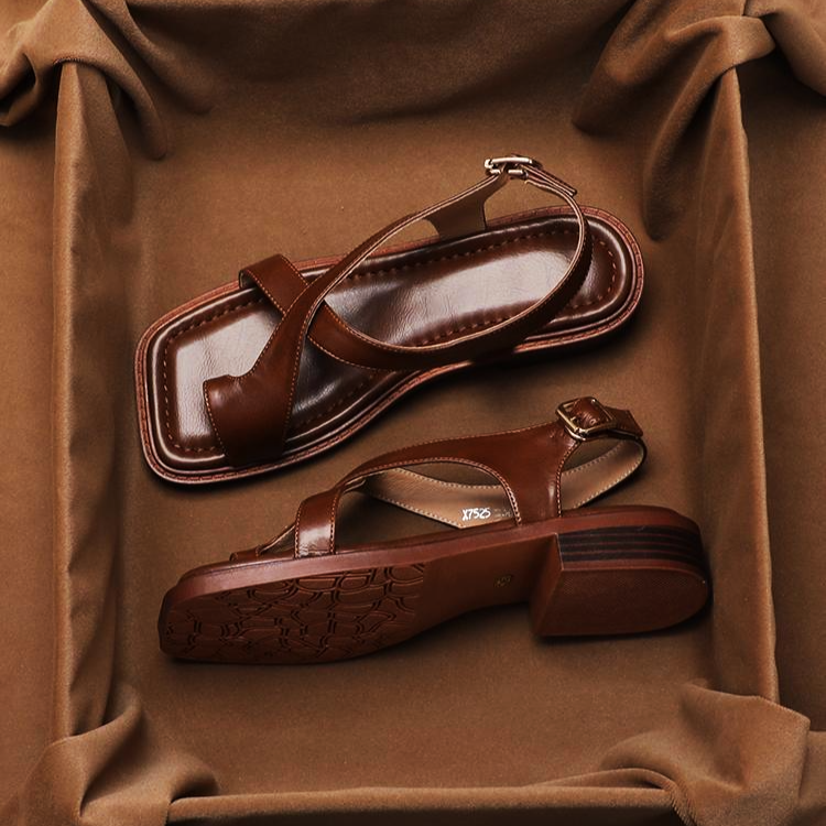 Leather Cross Open-Toe Sandals for Women | Lumive