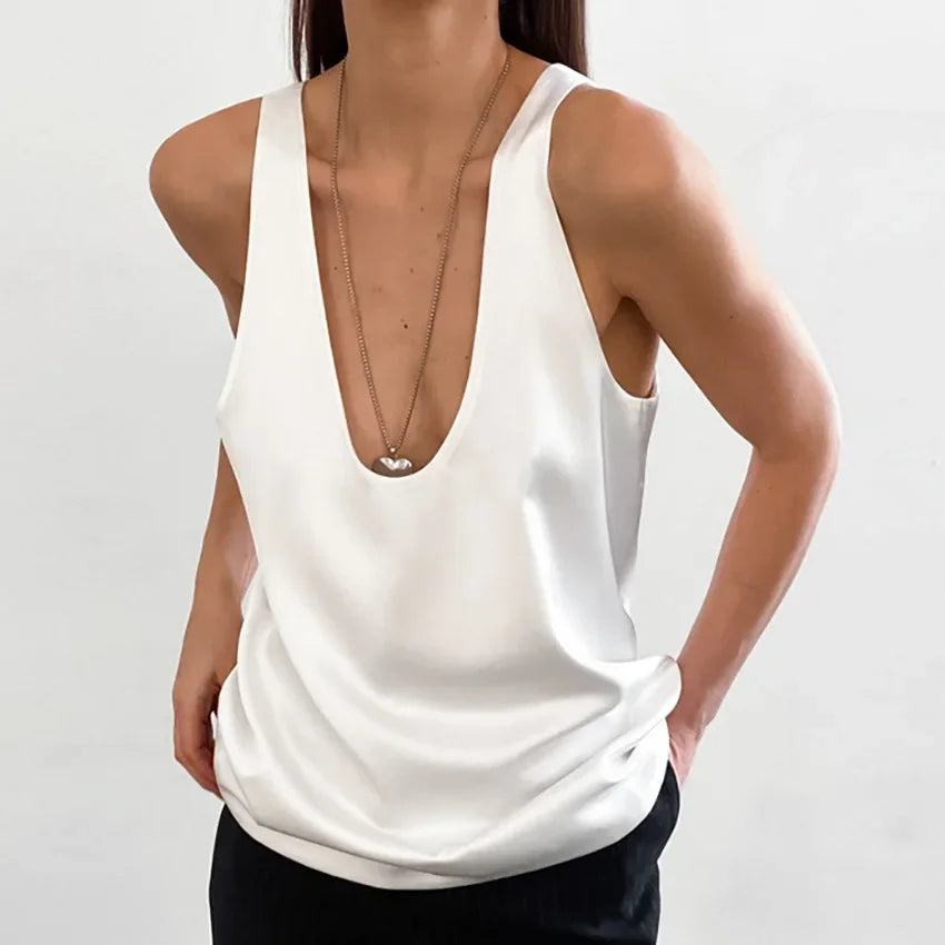 Plunging U-Neck Satin Tank Top for Women | Alessia