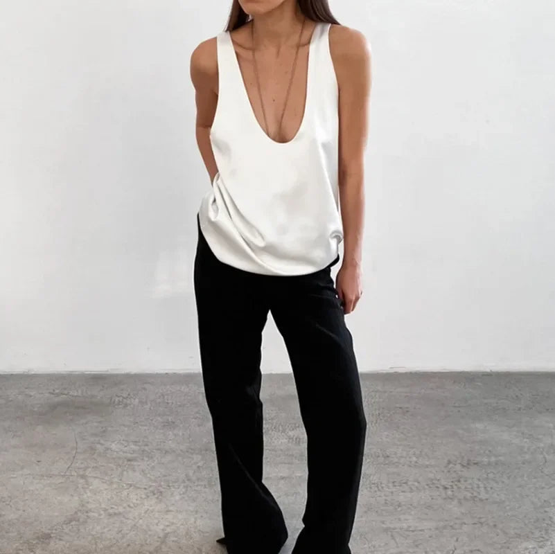 Plunging U-Neck Satin Tank Top for Women | Alessia