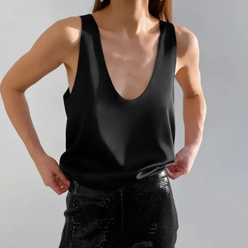 Plunging U-Neck Satin Tank Top for Women | Alessia