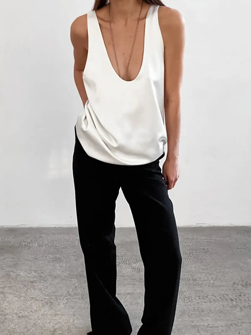 Plunging U-Neck Satin Tank Top for Women | Alessia