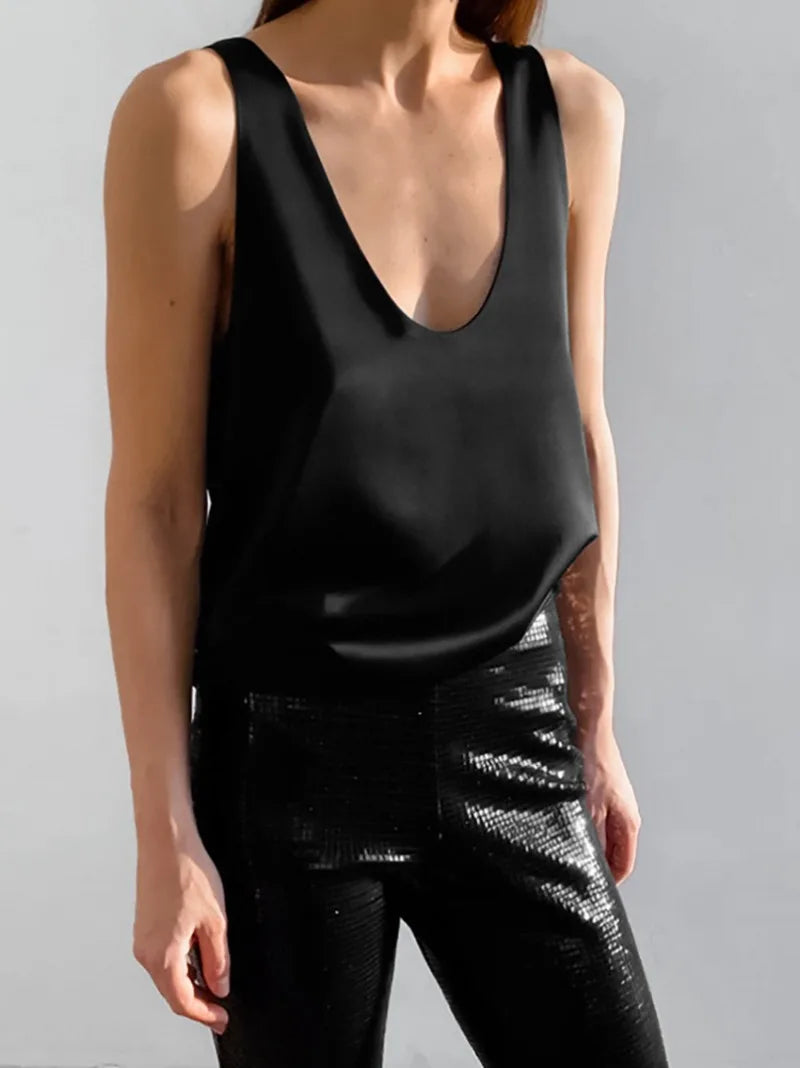 Plunging U-Neck Satin Tank Top for Women | Alessia