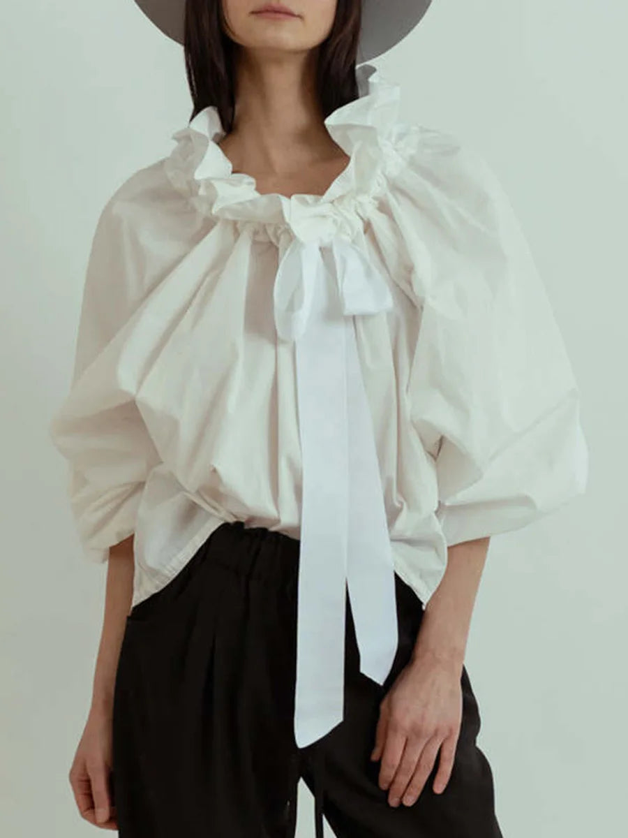 Ruffle Collar Blouse with Bow Tie for Women | Nyxra